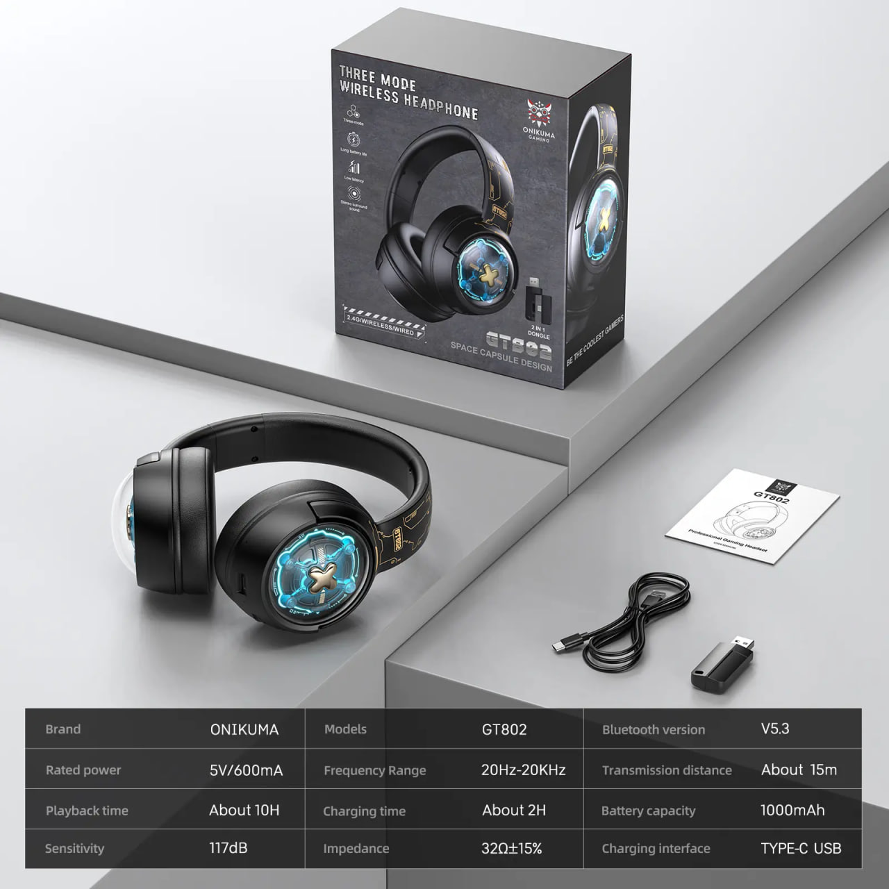 Onikuma GT802 Tri-mode Wireless Stereo RGB Black Gaming Headphone
