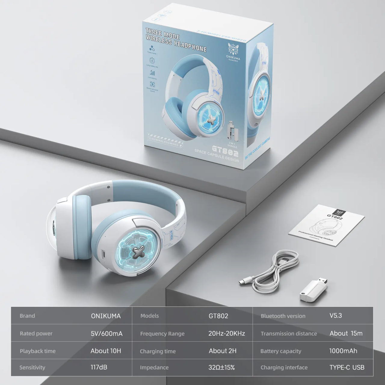 Onikuma GT802 Tri-mode Wireless Stereo RGB White Gaming Headphone