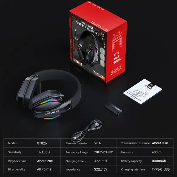 Onikuma GT826 Tri-mode Wireless Black Gaming Headphone