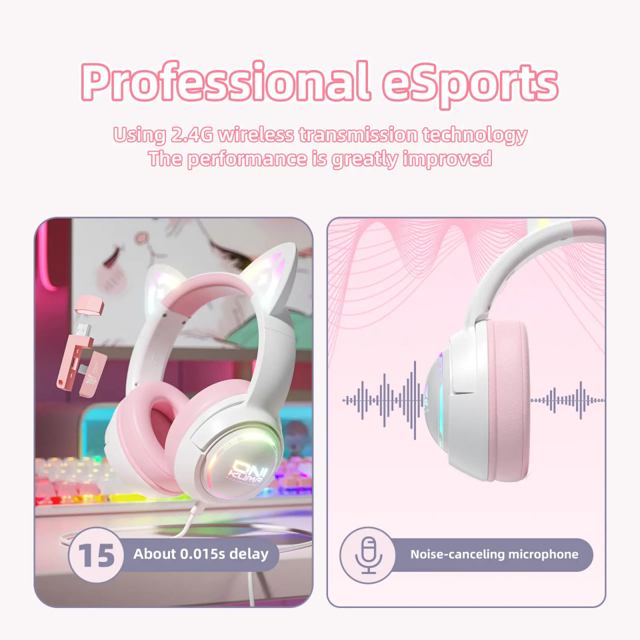 ONIKUMA GT838 Wireless RGB Gaming Pink Blue Headset