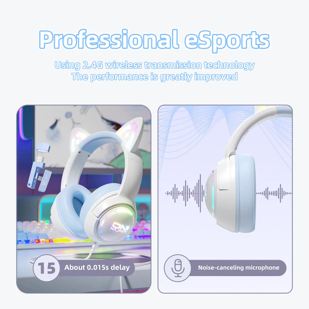 ONIKUMA GT838 Wireless RGB Gaming White Blue Headset