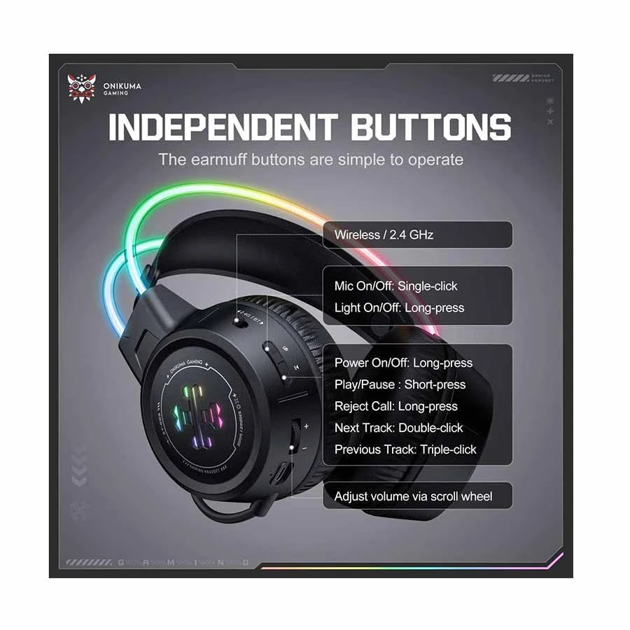 Onikuma GT889 Tri-Mode RGB Wireless Black Gaming Headphone