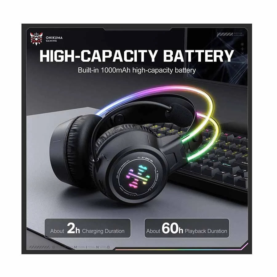 Onikuma GT889 Tri-Mode RGB Wireless Black Gaming Headphone