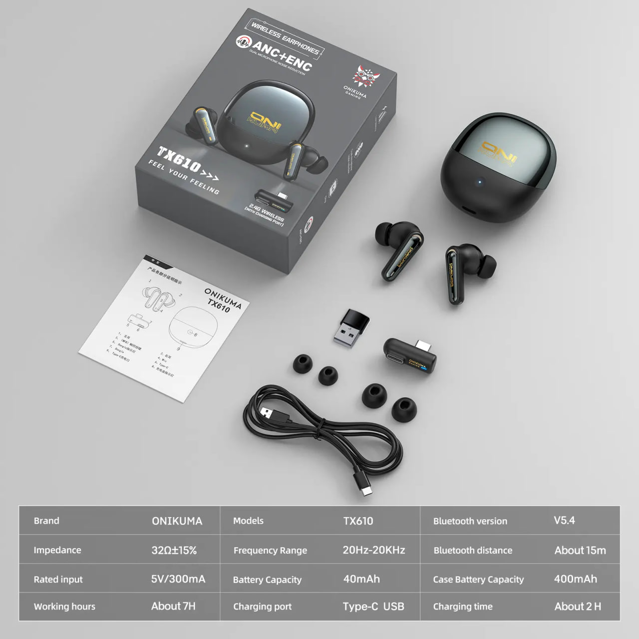 ONIKUMA TX610 Dual-Mode ANC With 30ms Wireless Ultra-Low Latency Gaming Earbuds(Black)