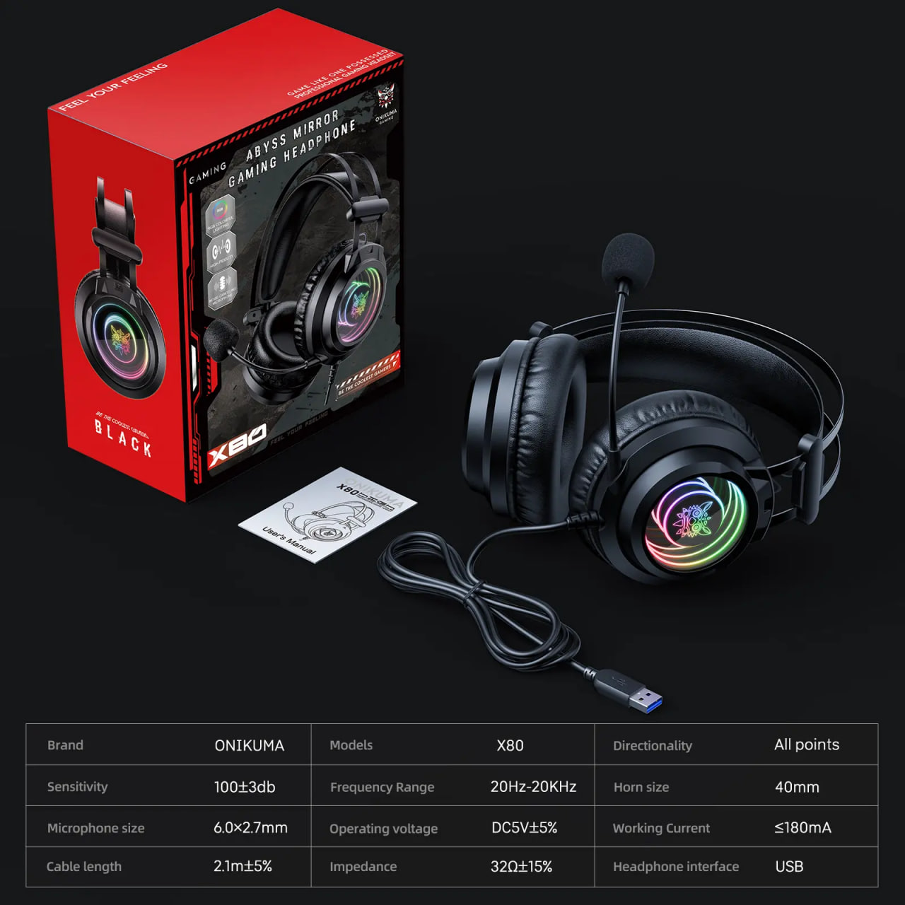 Onikuma X80 3.5 Wired RGB Gaming Headphone