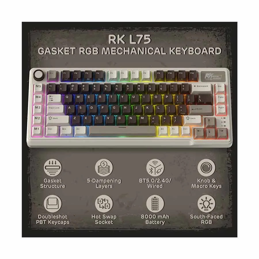 Royal Kludge RK L75 RGB Tri Mode Hot Swap (Beige Switch) Mocha Grey Mechanical Gaming Keyboard