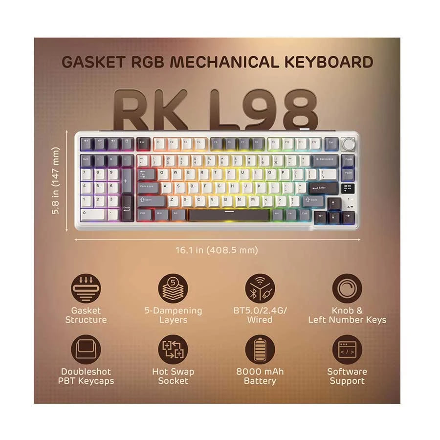 Royal Kludge RK L98 RGB Tri Mode Hot Swap (Cream Switch) Sandalwood Brown Mechanical Gaming Keyboard