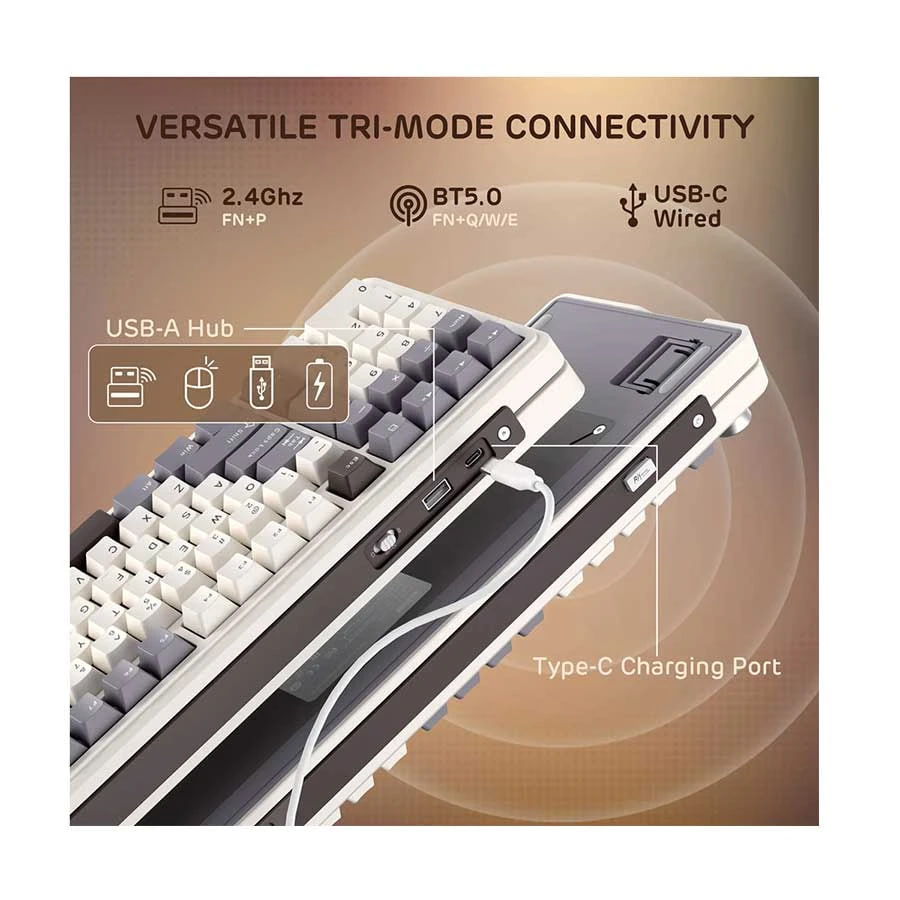 Royal Kludge RK L98 RGB Tri Mode Hot Swap (Cream Switch) Sandalwood Brown Mechanical Gaming Keyboard
